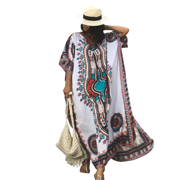 Plus Size Women Summer African Ethnic Print Kaftan Bikini Cover up Beach Maxi Dress Swimsuit Swimwear Women Robe De Plage