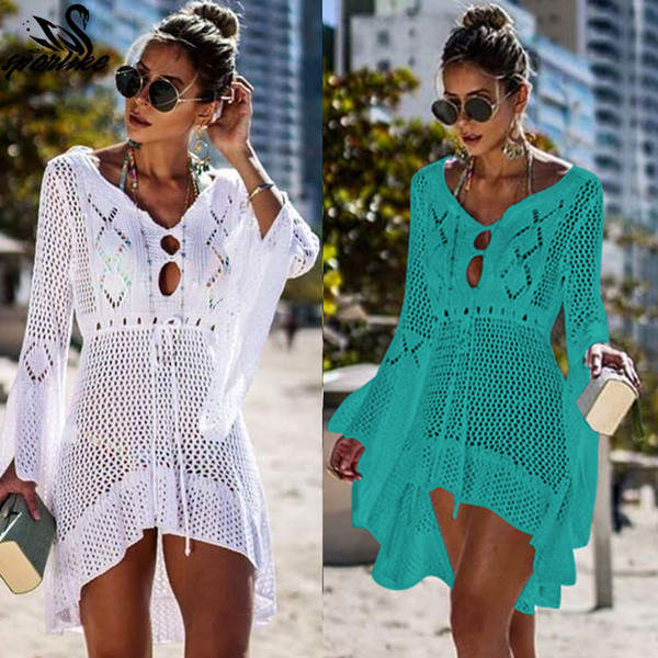 2019 Crochet White Knitted Beach Cover up dress Tunic Long Pareos Bikinis Cover ups Swim up Robe Plage Beachwear