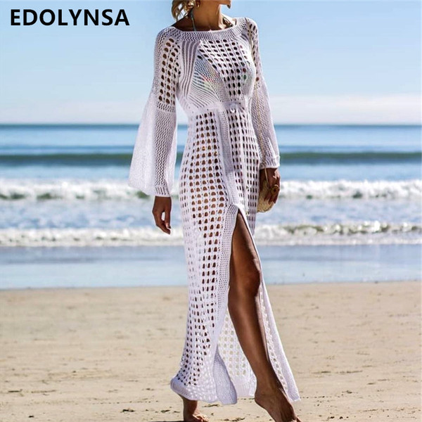 2019 Crochet White Knitted Beach Cover up dress Tunic Long Pareos Bathing Suit coverup Swim cover up Robe Plage Beachwear #Q716