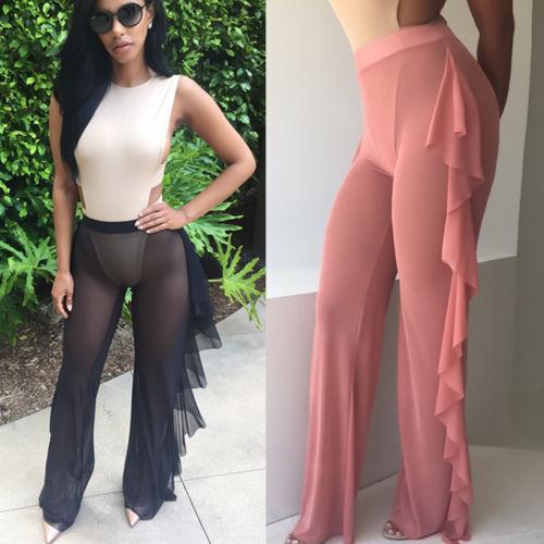 Ruffle Mesh Swimwear Beach Cover Ups Hign Waist Pure Color Beach Long Pants Women Swimwear Summer Bathing Suit 2018 Beachwear