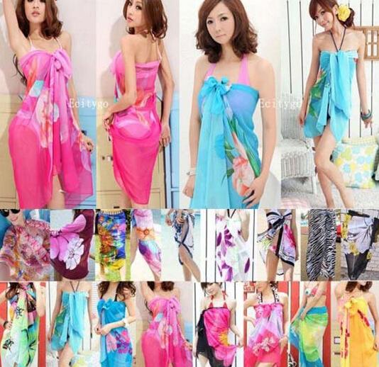 2016 Summer Dazzle Floral Print Women Sexy Chiffon Wrap Pareo Dress Sarong Beach Bikini Swimwear Cover Up Scarf Shawl