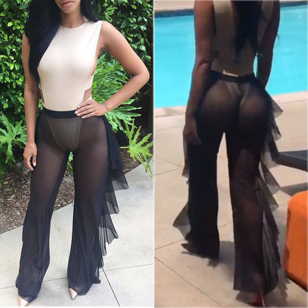 Sexy Women Bikini Cover Up Mesh Sheer See-Through Plus Size Swimwear Bathing Pants Trousers Swimsuit Beachwear Swimming Suit