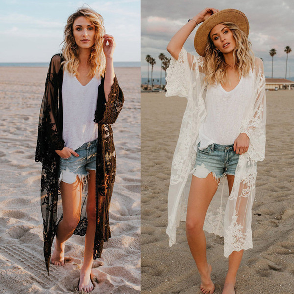 Women Lace Cardigan Kaftan Shawl Coat Beach Wear Swimwear Cover Up Blouse Tops Cape Pareo 2018 Sexy Bathing Suit