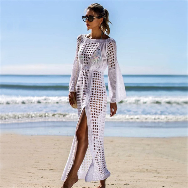 Women Cover Up Crochet White Knitted Beach Dress Tunic Long Pareos Bikinis Cover Ups Swim Bathing Suit Robe Plage Beachwear