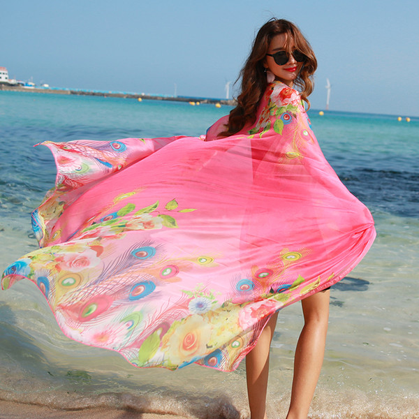 190*125cm Summer Print Silk Scarf Oversized Chiffon Scarf Women Pareo Beach Cover Up Wrap Sarong Sunscreen Long Cape Female