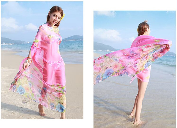 2018 silk scarf female spring long print versatile air conditioner shawl summer seaside sunscreen beach towel Korean chiffon scarf