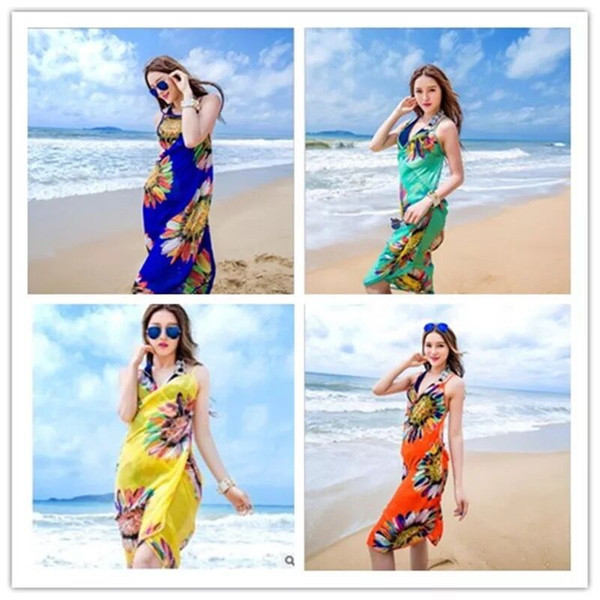 2017 new Women Floral Bikini Cover Print Sexy Pareo Beach Dress Bohemian Sarong Chiffon Beach Bikini Wrap Swimwear Scarf Shawl Brace