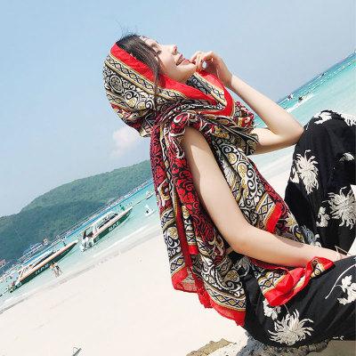 Thin section wild scarf fringed retro literary national wind totem cotton and linen sunscreen shawl dual-use beach sandal scarf female