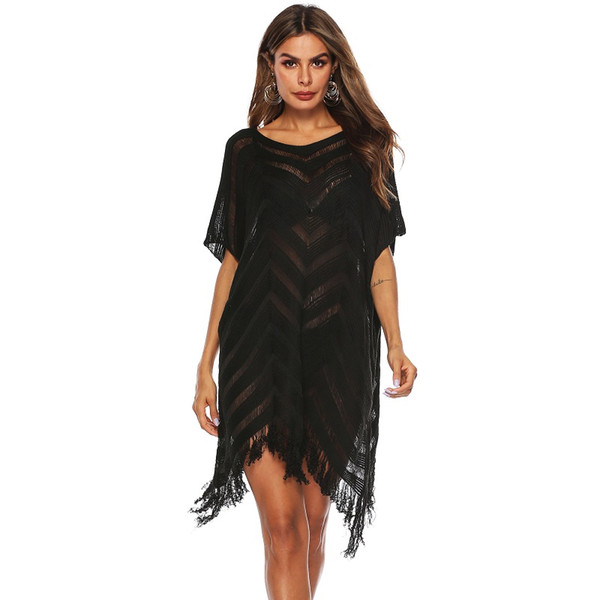 Summer women black beach dress sexy see through tassel o-neck batwing sleeve swimwear beach cover ups