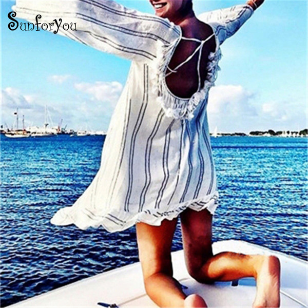 New Cotton Tassel Beach Cover up Tunics for Beach 2019 Women Swimsuit Cover up Swimwear Striped Pareo Dress Beachwear