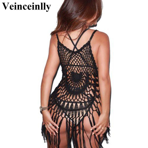 2018 S-XXL women hollow out fringe beach cover up crochet tassel cover-ups women swimwear female dress beach wear beachwear Y363