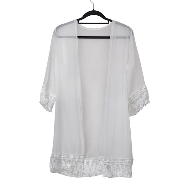 Popular Women Tassels Beach Long Shirt Dress Lace Chiffon Beach Cover Ups Bathing Sunscreen Cardigan Clothes