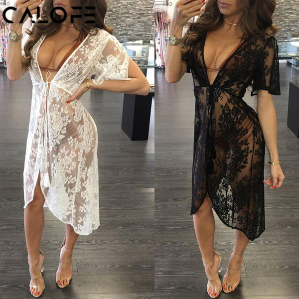 CALOFE Long Lace Sexy Beach Cover Up Swim Dress Women Beach Dress Bikini Cover Up Swimwear Women Cover-up Bikini Swimsuit