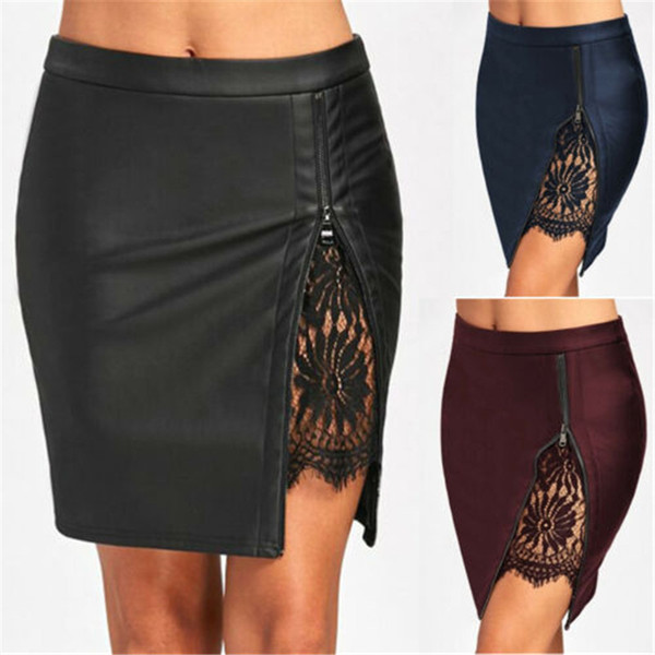 2019 Summer Autumn Pu Leather Skirt Women Sexy Solid Black Blue Mini Skirt Zipper A-Line Package Hip High Waist Women Clothing