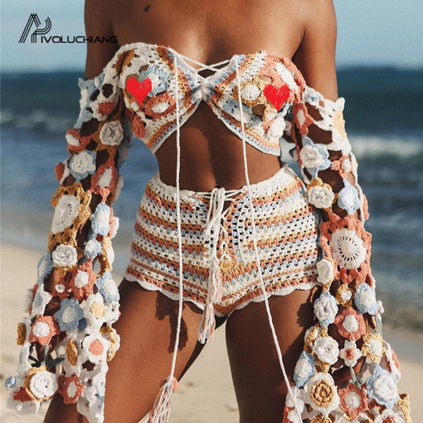 Sexy V Neck Crop Top Women Summer 2019 Handmade Crochet Long Sleeve Beach Wear Cover Up Dress Hollow Out Beachwear Femme Tunic