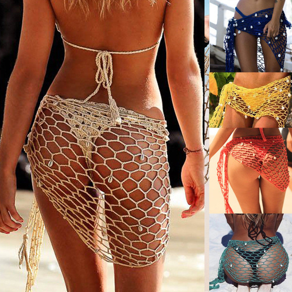 Fashion Women Crochet Fishnet Bikini Cover Ups Ladies Shell Beach Scarf Mesh Swimwear Cover-Up Summer Accessories
