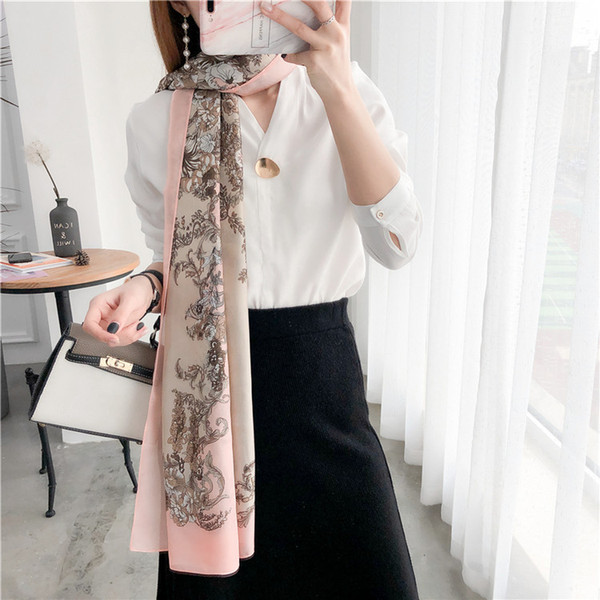 Simulation silk scarf female spring and summer new print satin scarf travel wild sunscreen super large beach towel wholesale