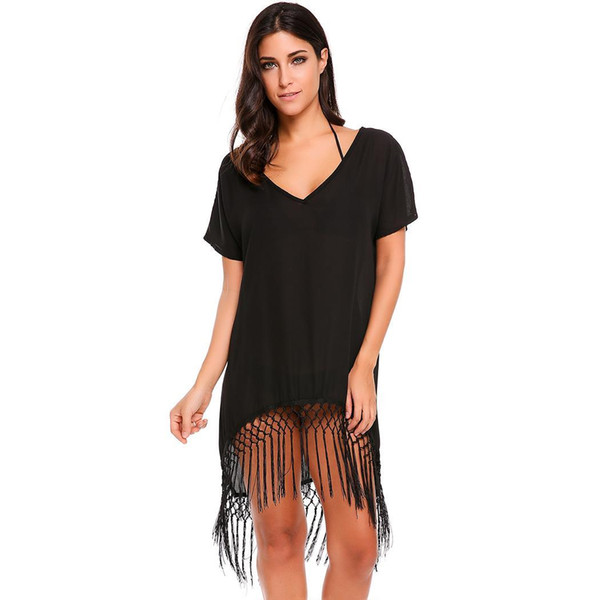 Women Casual Asymmetrical Tassel Hem Chiffon Mid-Long Solid Beachwear Cover-Up Casual/Beach Pullover, T-Shirt