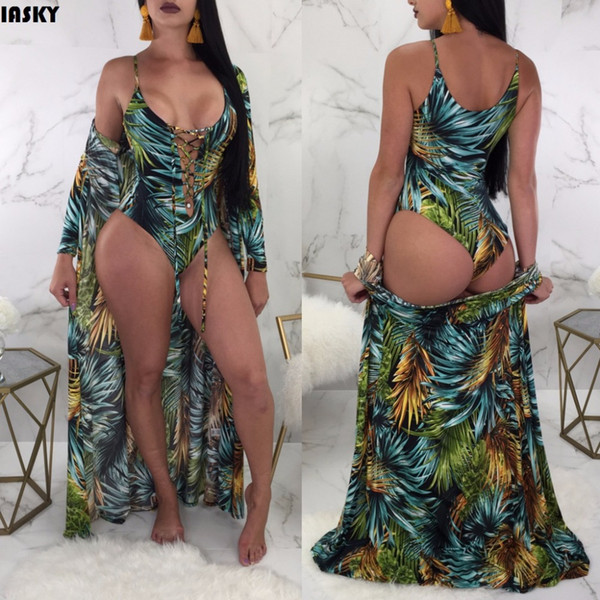 IASKY 2PCS/SET Beach Cover-Ups+swimsuit set 2018 Sexy Print Leaves cover up and hollow Out one piece swimsuit women beach wear