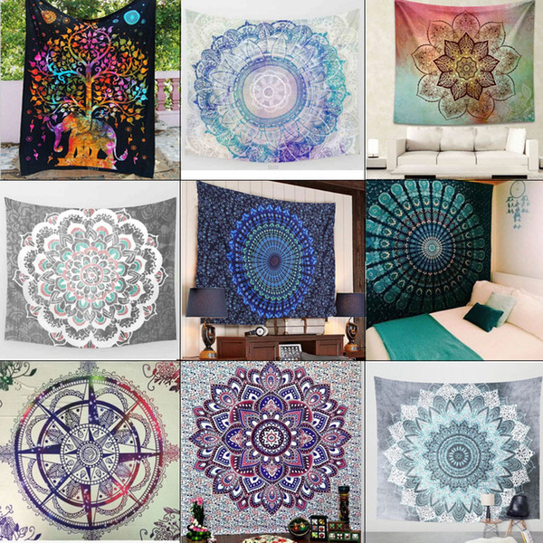 Size 130cmx150cm Indian Mandala Tapestry Hippie Wall Hanging Elephant Peacock Bohemian Bedspread Beach Towel blue green square beach towels