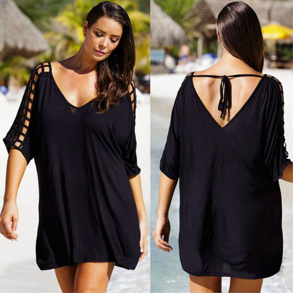 2019 Summer Plus Size M to 3XL Cover Up Women Swimwear Beach Blouses Women Bikini Beach Wear Cover-Up Black Dress