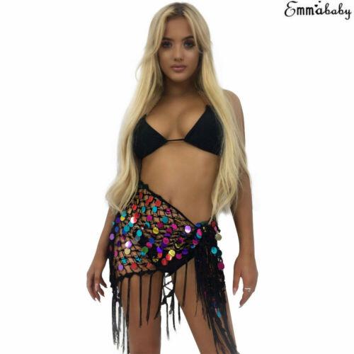 Hot Fashion Women Summer Chiffon Belly Dance Hip Scarf Skirt Lady Coins Sequin Tassel Cover up Swim Skirt Wrap Beach Dress