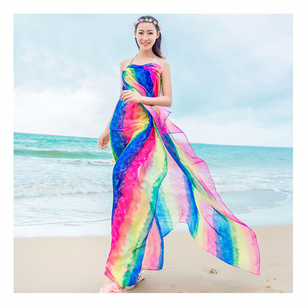 Summer Scarf Women's 150*180cm Long Pareo Scarves Striped Rainbow Print Chiffon Hijab Bikini Cover Up Beach Sarongs Wrap