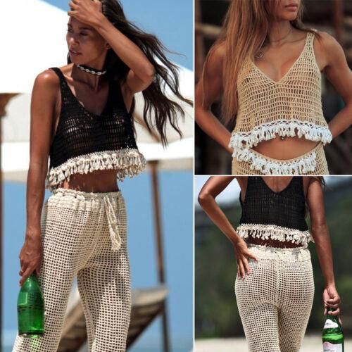 Summer Holiday Women Casual Crochet Tank Tops Vest Tassel Blouse Sleeveless Crop Top Shirt Hollow Out Top