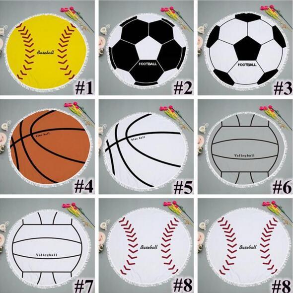 8 Styles 150cm Football Tapestry Beach Towel Round Tablecloth with Tassel Baseball Basketball Beach Serviette Covers Beach Mat 20 pcs