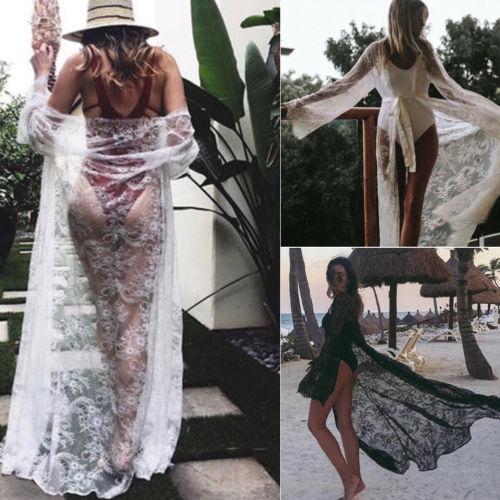 New Women Beachwear Long Sleeve see through look Swimwear Lace Hollow Bikini Beach Wear Cover Up Ladies Summer Long Maxi Dress