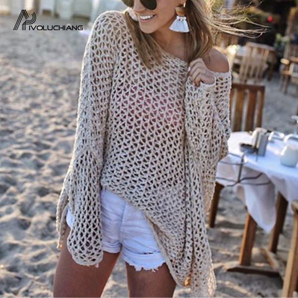 Women Sexy Swimsuit O-neck Long Sleeves Cover Up Solid See Through Knitting Cardigan Coverup Beachwear Beach Dress Beachwear