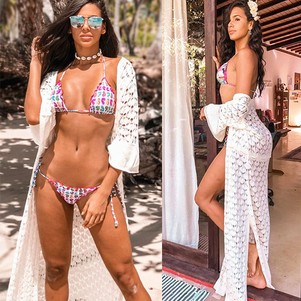 NODELAY 2018 Women Knitting Bikini Cover Up Hollow Crochet Beach Tunic Dress Long Kaftan Robe Cover-Ups Beach Cardigan White