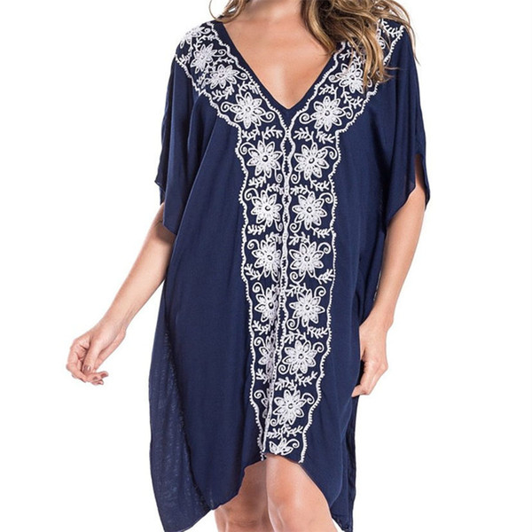 Embroidery Cotton Beach Caftan Tunic Beach Cover up Saida de Praia Swimsuit Women Bikini cover up Pareo Sarong Beachwear