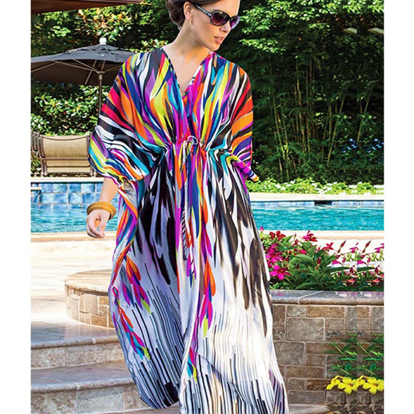 Beach Dresses Women Loose Long Maxi Dress Bikini Cover Up Printed Bohemia Loose Swimsuit Cape Summer 2019 New Women's Tunic