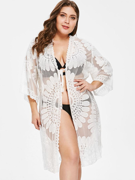 Belleziva Summer Bikini Women Cover Up White Lace Crochet Party Long Cover Up Oversized Beach Casual Femme Cardigans Beach Dress