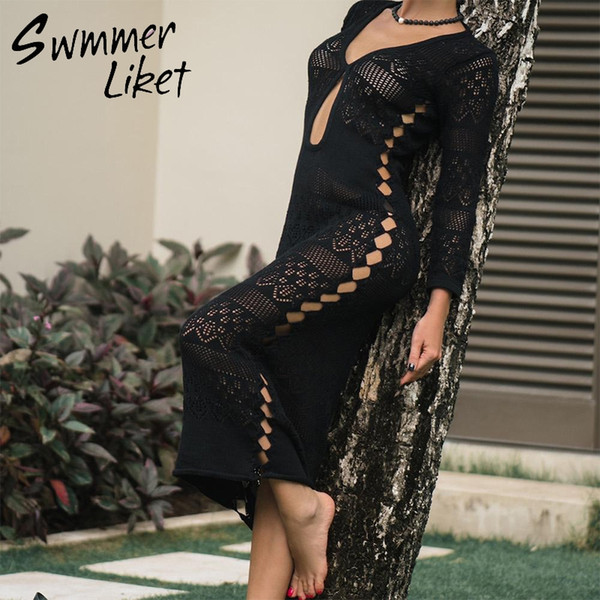 Long knitted beach wear cover up Deep v-neck swimsuit cover up Beach dress women cover-ups Hollow out tunic women's kaftan 2019