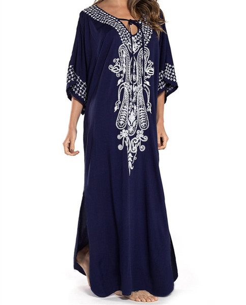 Embroidery Kaftan Beach Tunic Cotton Beach Cover up Saida de Praia Swimsuit Women Bikini cover up Pareo Sarong Beachwear