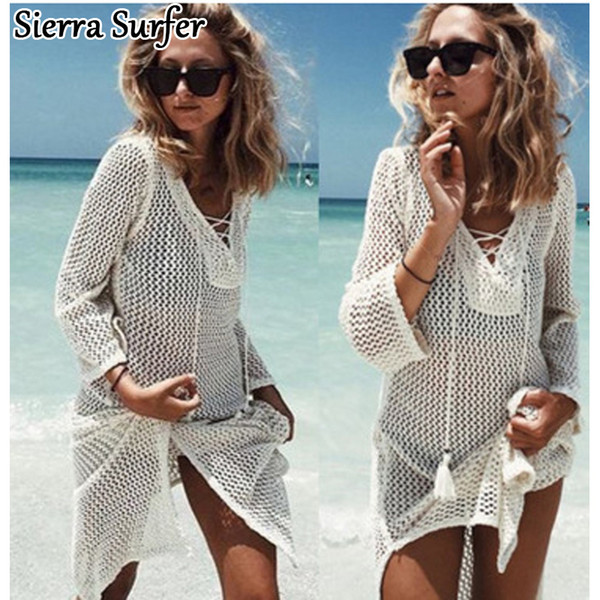 Saida De Praia Summer Beach Wear Dress Tunic Pareos For Women 2018 Skirt Knitting Hollow Bandage Longa Kaftan Beach Cover Up