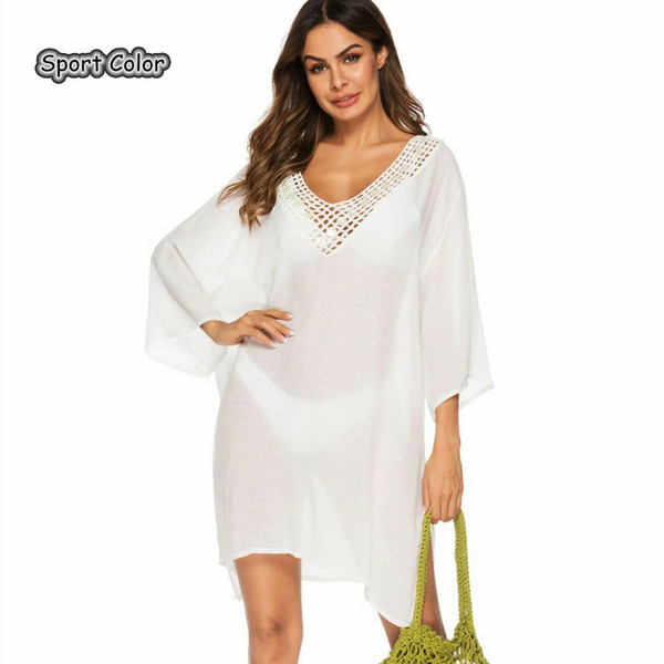 Simple Design Sexy Swimsuit Cover Up Popular Beach Dress Beach Cover Girls Lady White Deep V collar Pareo Sarongs Bikini Tunic