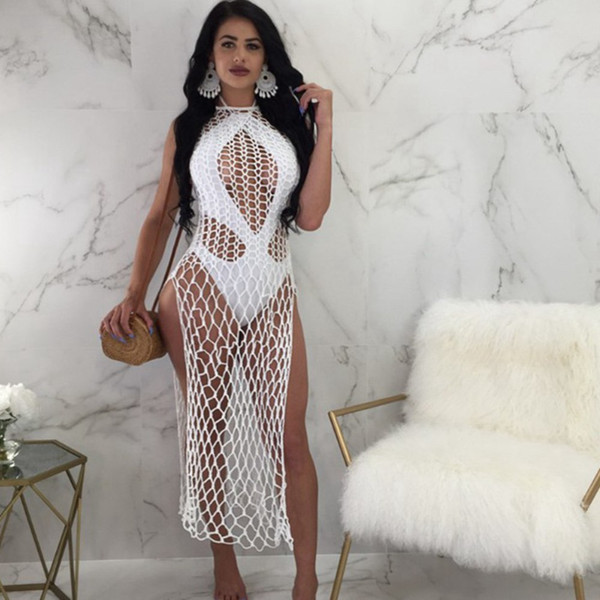 Fishing Net Beach Cover Ups Solid Mesh Beach Dress Bikini Cover Ups Cut Out Swimming Suit Women Crochet Beachwear White