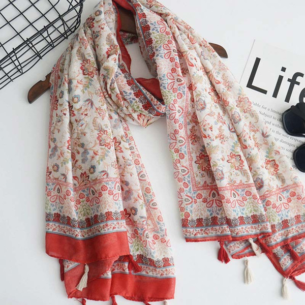 High-quality Dual-use Floral Tassel Cotton Scarf Japanese Travel Anti-sun Shawl Decorative Scarves Beach Shawl Free Shipping