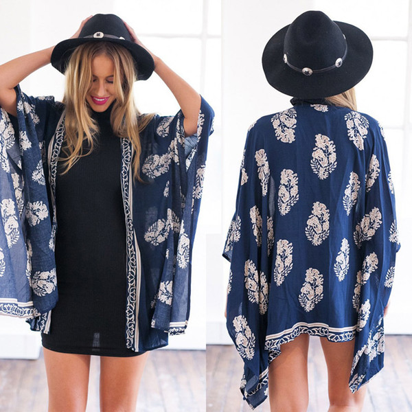 Women Shirt Kimono Boho Cardigan Vintage Floral Print Blouse Loose Shawl Cape Knits Bohemian Coat Cover Up Beach New