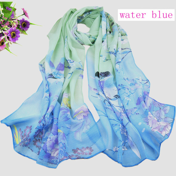 Women's Fashion Scarves Chinese style Satin Flower Oil Painting Long Wrap Shawl Beach Silk Scarf 160X50cm