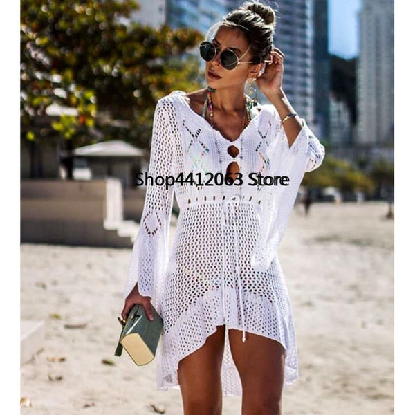 2019 Crochet White Knitted Beach Cover up dress Tunic Long Pareos Bikinis Cover ups Swim up Robe Plage Beachwear