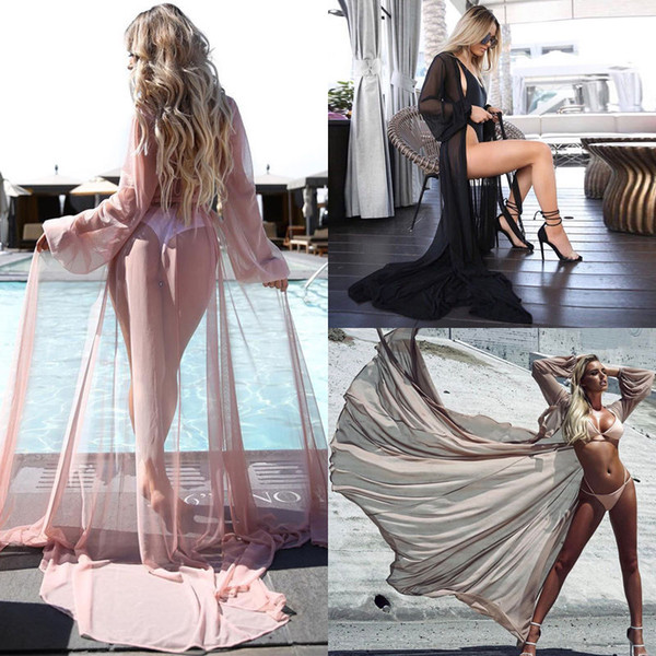 Women See Through Cover Up Beach Long Dress Bikini Swimwear Bathing Shirt Cover-Ups