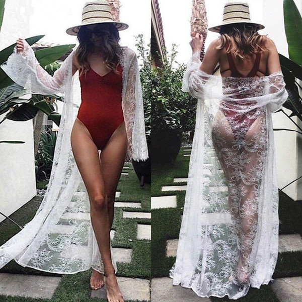 Women Beach Dress Sexy Floral Lace Long Dresses Hollow Out Maxi Dress Solid Color Swim Bikini Cover Up Beach Wear Women Cover Up