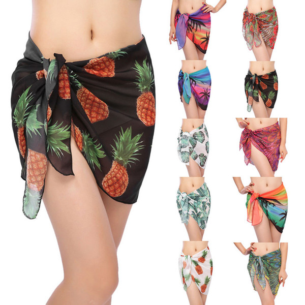 2018 New Colored Floral Pineapple Chiffon Beach Cover Up Women Charm Beach Bikini Cover Up Wrap Scarf Pareo Swimwear Sarong Wrap 16 Colors