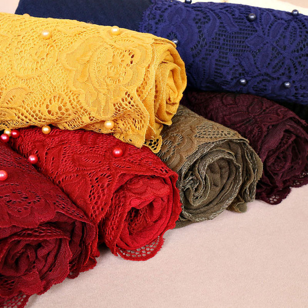 Lace Scarf For Women 2019 Brand New Fashion Elegant Muslim Hajabs High Quality Imitation Pearl Plain Cotton Scarves & Wraps Wholesale LSF104