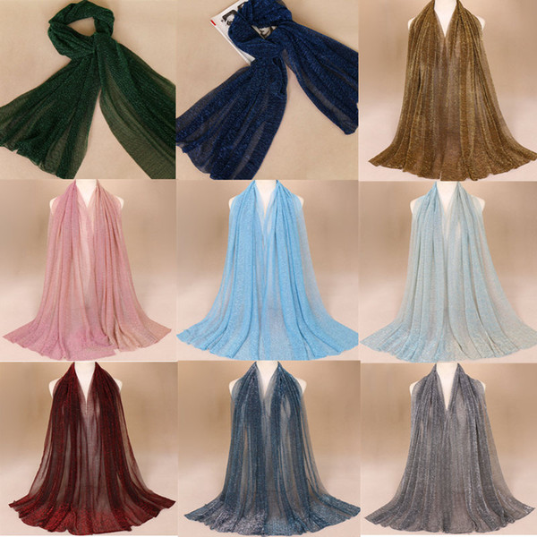 Muslim Hijabs 2019 Brand New Fashion Women Wraps High Quality Long Soft Islamic Polyester Gold Yarn Wrinkle Scarves Wholesale LSF103