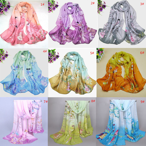 Chinese Style Scarf Brand New Fashion Women Chiffon Wraps 2019 Spring and Autumn Quality Birds Flowers Print Shawls Wholesale LSF097